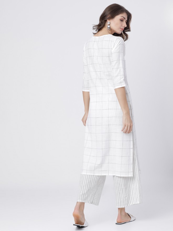 Vishudh Women Off White Checked Kurta Sets 